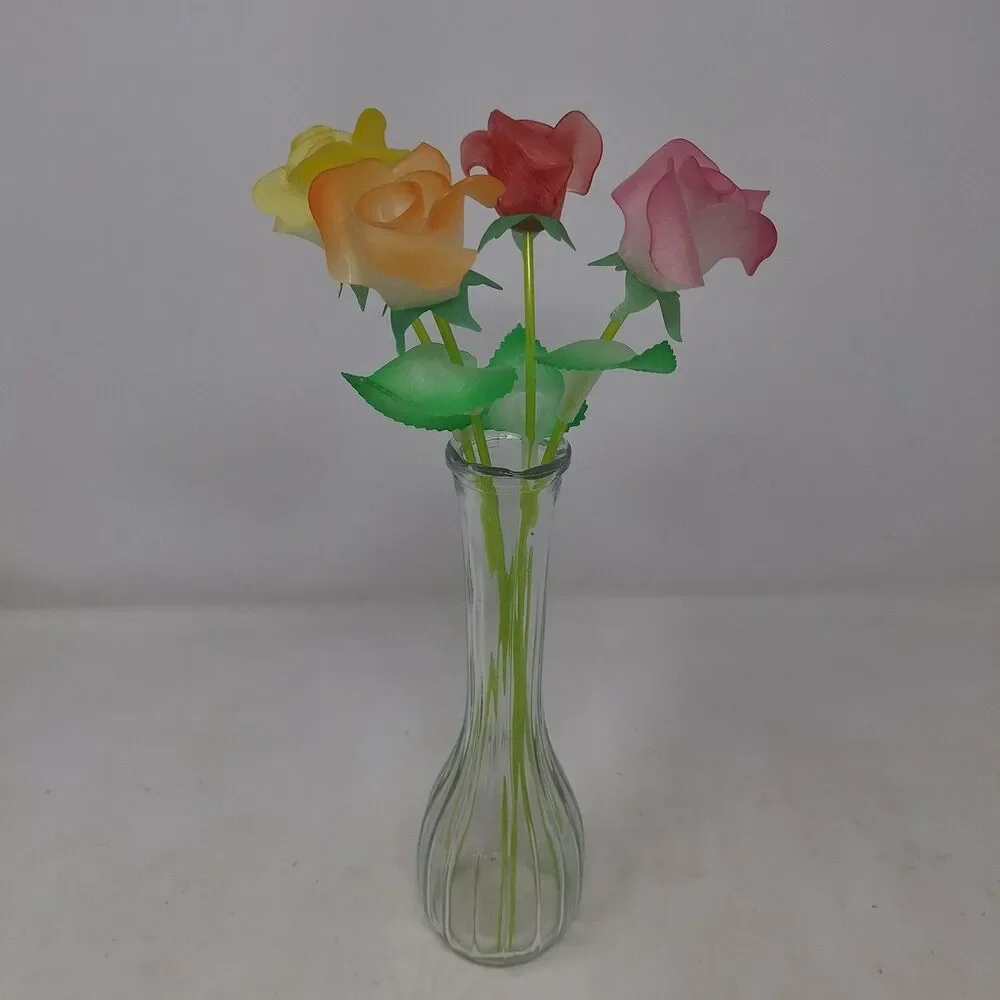 Artificial Floral Arrangement Glass Bud Single Stem Vase Colorful Plastic Roses